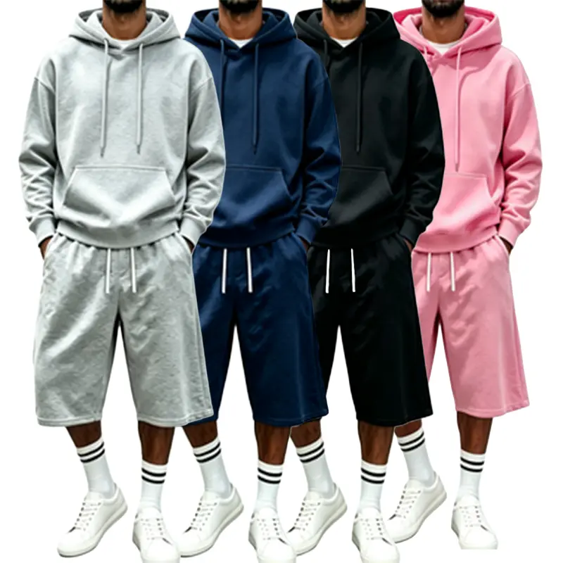 Men’s solid-color hooded sweatshirt + wide-leg seven-eighths sweatpants set, casual loose athletic streetwear outfit