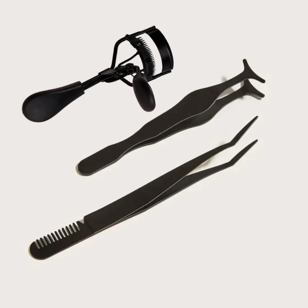 Eyelash Applicator Set, 1 Count Eyelash Curler & 2 Counts Eyelash Extension Tweezers, Eyelash Makeup Tool For Beginners