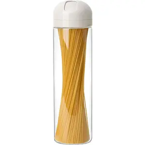 Glass Spaghetti Storage Jar with Measuring Dispenser Lid - 67 oz Airtight Tall Pasta Container, Borosilicate Food Canister for Pantry Organization (White)