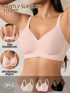 3-Piece Deep V Everyday Versatile Wide Adjustable Shoulder Strap Jelly Bra, Removable Pads, Wireless Unlined, Casual Style, All Seasons