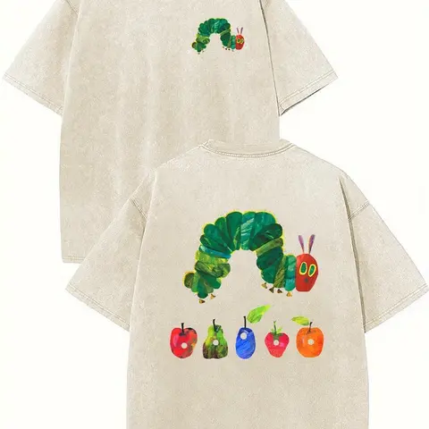 Holafish Pure Cotton Crewneck Acid Washed T-Shirt Retro Acid Wash "The Very Hungry Caterpillar" Dual Side Graphic Printed Unisex Fashion Tees summervibes Casual Top