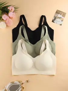 3 Pack Plus Size Wireless Bra for Women Jelly Strip Soft Support Full Coverage Anti-sagging Comfort Everyday Bra Solid Basic Bra