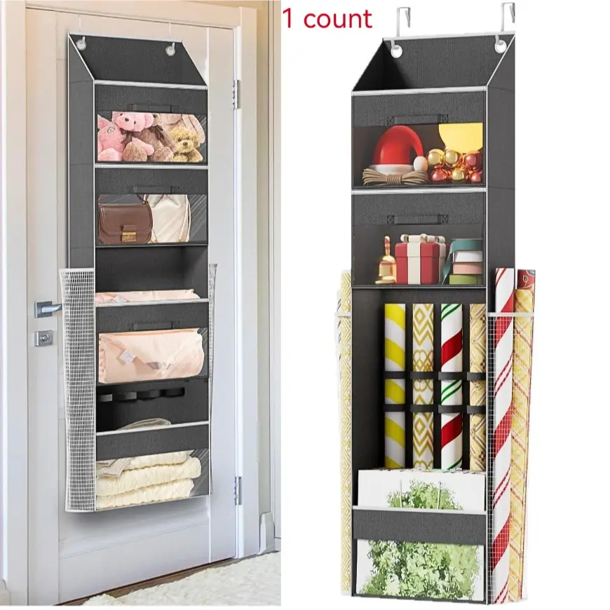 Hanging Gift Wrap Paper Space Saving Organizer with 3 Detachable Drawers & Side Pockets, Elastic Band Design for Christmas Gifts, Ribbons, Bows Storage, Hangable Storage
