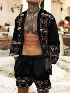 Two-Piece Set Men's Regular Fit Tropical Geometric Print Short Sleeve Open Front Kimono & Shorts, Matching Set, Street Fashion Casual for Summer, Men Clothes Set for Daily Wear, Menswear