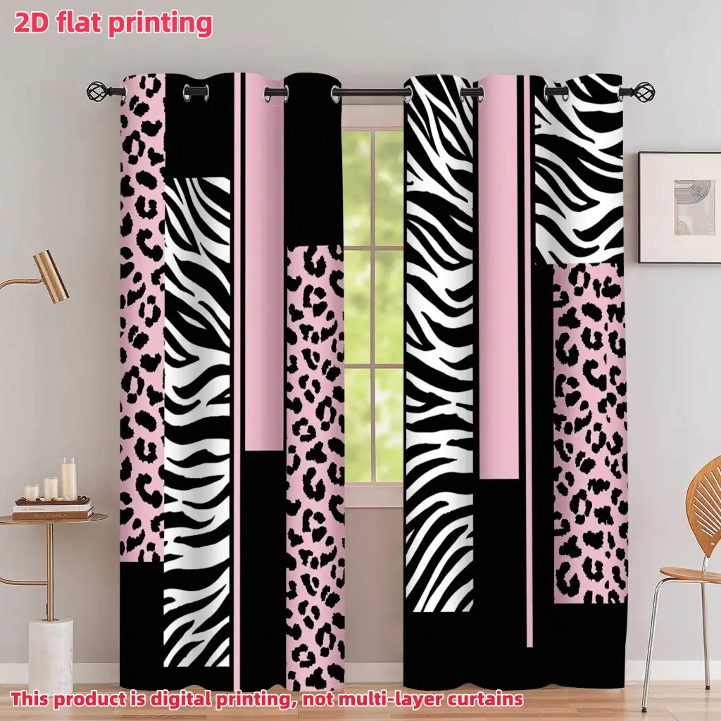 2D Flat 2Pcs Leopard Print Zebra Striped Geometric Stitching Curtains Curtain for Windows for Living Room Bedroom Window Treatment Home Decor Home Decoration Curtain Black Pink Semi Sunshade Anti Privacy Accessory
