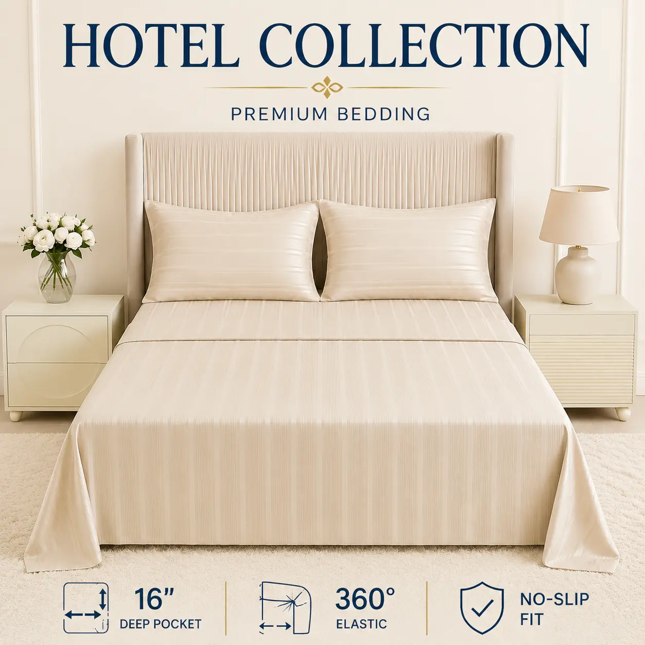 CANSUNCH Luxury Satin Jacquard Sheet Set, 4-Piece Hotel Collection Bedding, Deep Pocket Fitted Sheet Fits 16 Inch Mattress, Soft Wrinkle Resistant Bed Sheets
