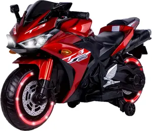 Kids 12V Electric Motorcycle Ride-On Toy (3-6 Years, 43in, Red) with Training Wheels, Manual Throttle, ft Brake, Built-In Stories, Music, USB MP3 Connectivity, Bright Headlights, Illuminated Wheels for Boys & Girls Gift