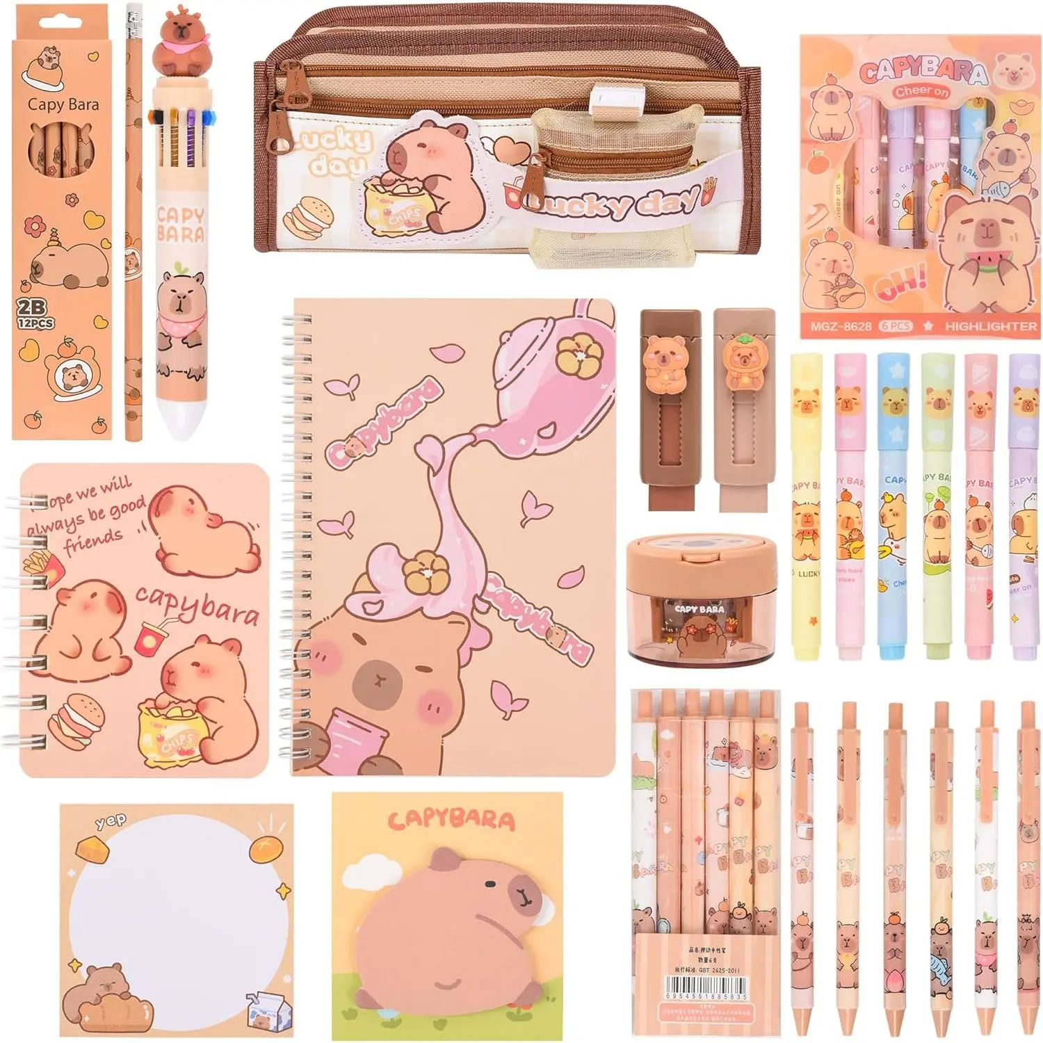Cute Capybara Stationery Set,Capybara School Supplies,Capybara Pencil Case with Compartments BallPoint Pen, Gel Pens, Pencils, Erasers, Pencil Sharpener, Notebooks, Sticky Notes,