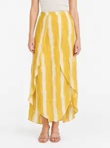 Yellow & White Striped Maxi Skirt – Draped High-Low Wrap Style