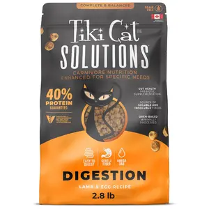 Tiki Cat Solutions Dry Cat Food Digestion Lamb & Egg Recipe 2.8 lbs Bag with 40% Protein Gentle Fiber Omega 36 Complete Balanced Carnivore Nutrition