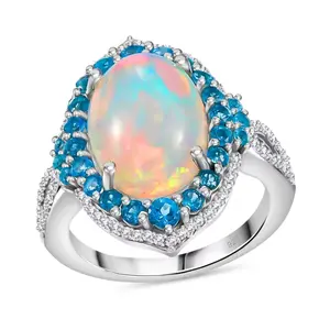 Ethiopian Opal, Neon Blue Apatite & Moissanite Halo Ring in Rhodium over Sterling Silver 5.10ctw