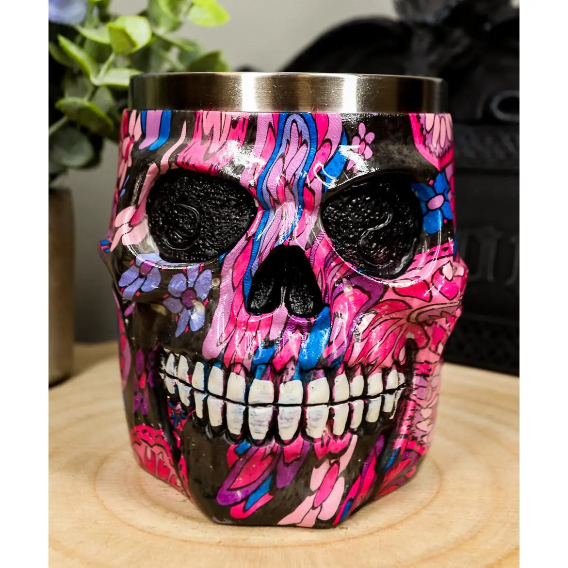 Ebros Gift Exclusive Gothic Painted Colorful Steel Day of The Dead Sugar Skull Coffee Mug - 13Oz Novelty Tankard Cup, Dishwasher Safe, Polished