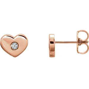 14K Rose Gold Diamond Solitaire Heart Studs High Polished 7mm