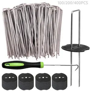 100pcs/200pcs/400pcs 6" Galvanized Landscape Staples – 11 Gauge Garden Stakes Pins with Gasket for Weed Barrier, Irrigation & Holiday Decor