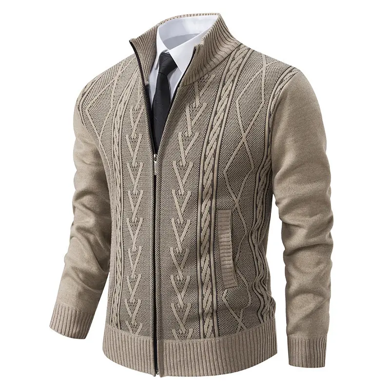 Men's Cardigan Sweaters Full Zip Up Stand Collar Slim Fit Casual Knitted Sweater with 2 Front Pockets