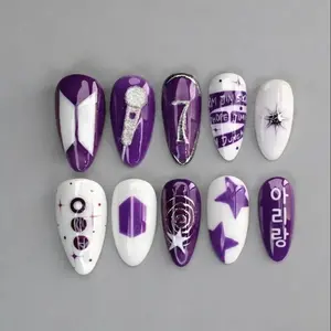 KPOP Press On Nails 2026 Comeback Handmade Silver Purple White Nail Art Gif For Her