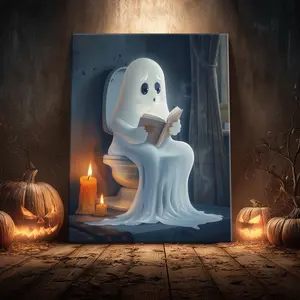 1 Count Wooden Framed Canvas, Interesting White Ghost Reading, Halloween Decorative Poster, Funny Poster, Horror Poster Party Hanging Picture, Modern Art For Living Room, Bedroom, Family Decoration, Ideal Gift, Waterproof, Print