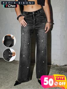 women's rhinestone decor pocket straight leg jeans, fashion casual button fly denim pants for daily outdoor wear, jean pants, rhinestone jeans, women bottoms for fall & winter, jeans for women, bell bottoms, womenswear