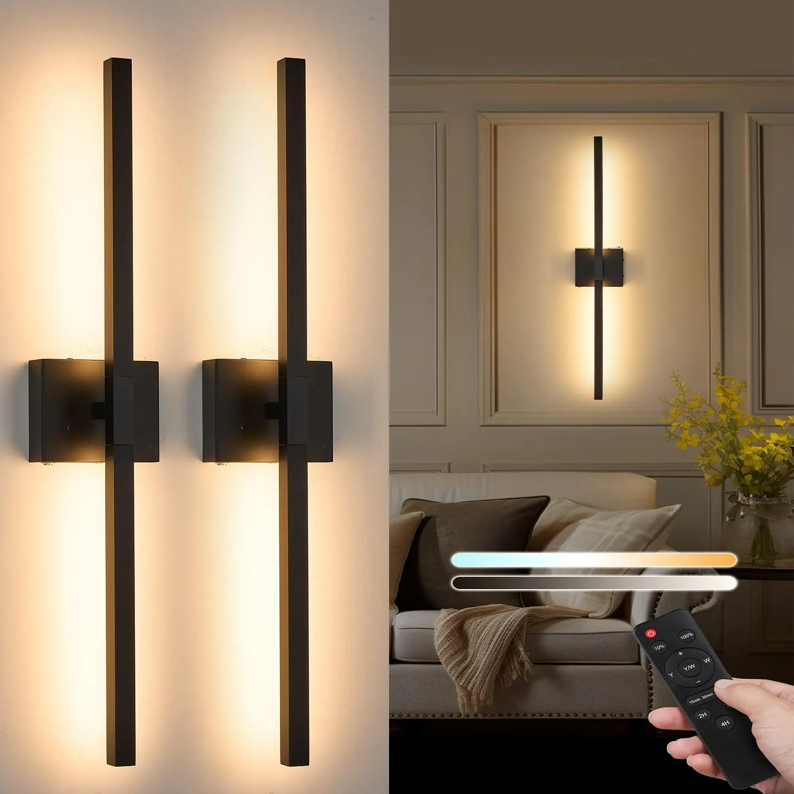 Battery Operated Wall Sconce with Remote, Cordless Modern Design Wall Lamp, Dimmable LED Wall Lights (3000K/4500K/6000K), Wireless Wall Sconces Set of Two for Bedroom Living Room Corridor and Stairwell.
