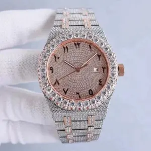 Full Iced quality wrist watch automatic waterproof bling bling diamond style watch round face design with Arabic numerals.vintage watch