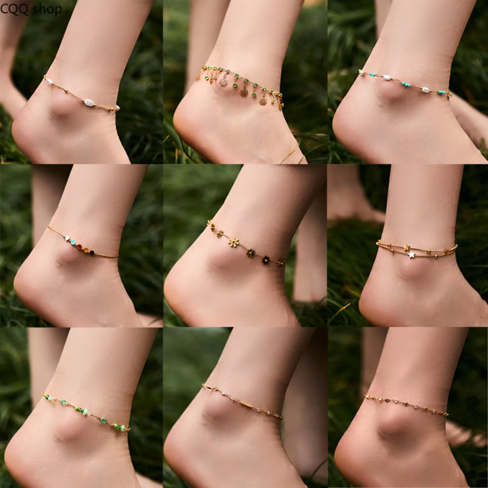 Bohemian Beaded Anklet, real gold plated color-preserving foot chain with crystal accents. Minimalist INS style, delicate summer jewelry for daily wear and beach outfits