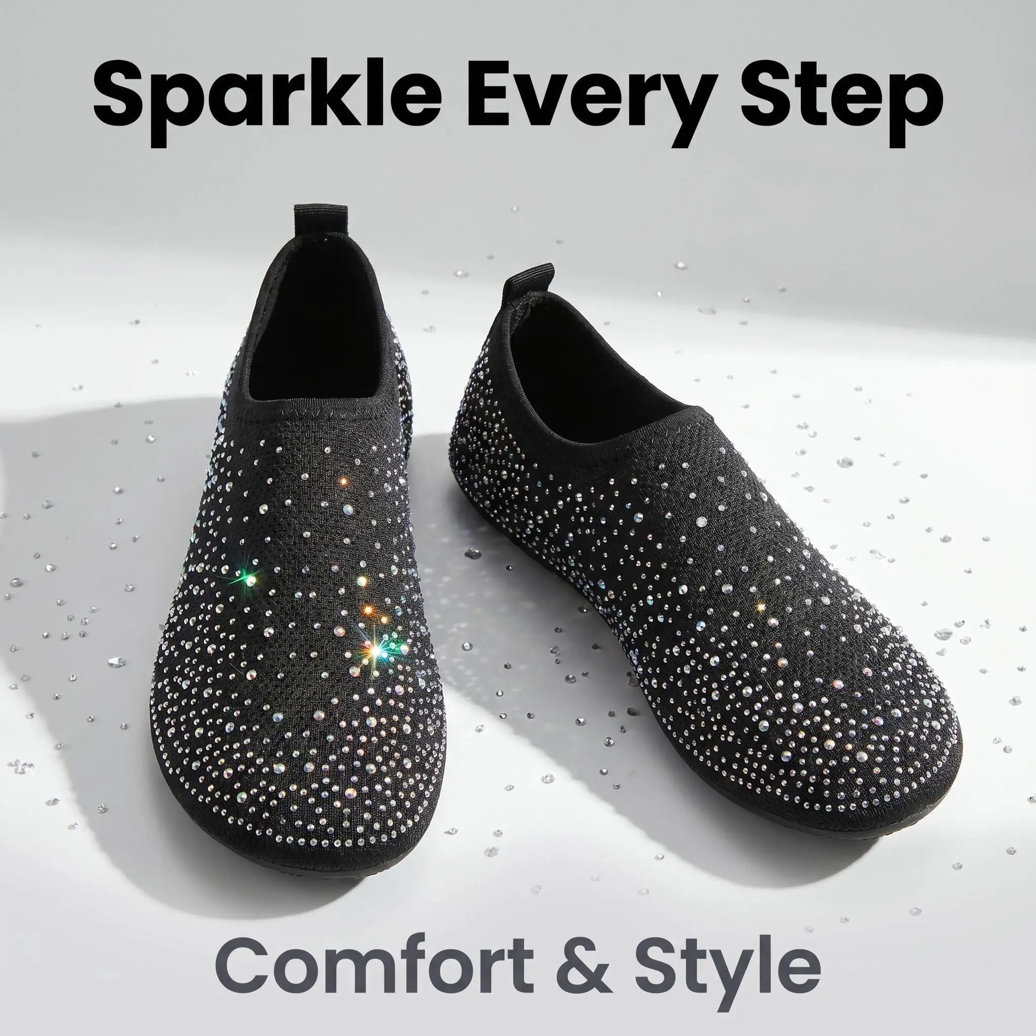 Women's Bling Rhinestone Fashion Water Shoes - Quick Dry, Lightweight, Portable, Stretch Barefoot Design with Traction Grip Sole for Coastal Trips, Pool Parties, River Trekking