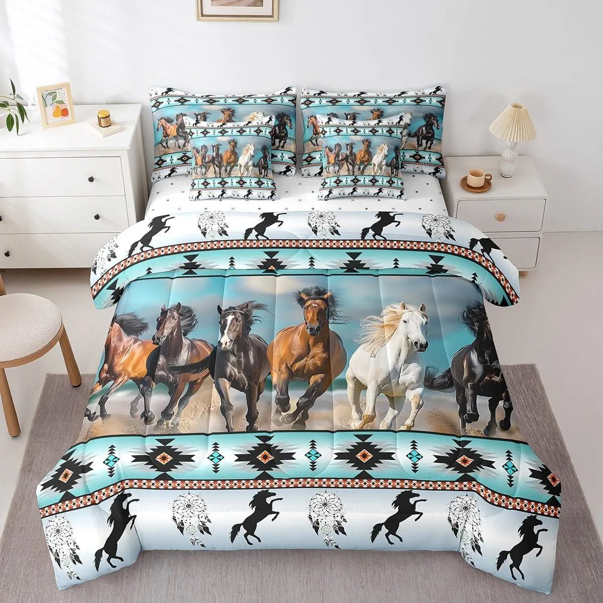 Feelyou Ultra Soft 7-Piece Horses Bedding Set - Multi-Size Southwest Aztec Tribal Comforter, Bed Bag, Geometric Sheets for Farmhouse Wildlife Decor, Seven Pieces