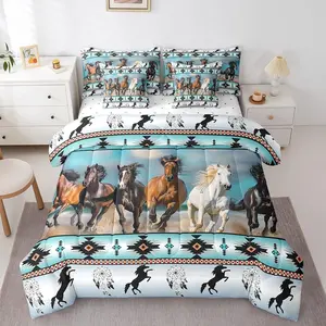 Horses 7 Piece Comforter Bed Set,Bed Bag,Teal Southwestern Native Aztec Bedding Set,Farmhouse Wildlife Indian Tribal Geometric Sheet Set