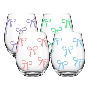 Bow Pattern Stemless Wine Glasses Set, No Stem Wine Glasses, 1/4-Pack, 18oz/540ML Transparent Wine Cups, Ideal for Restaurants & Daily Use