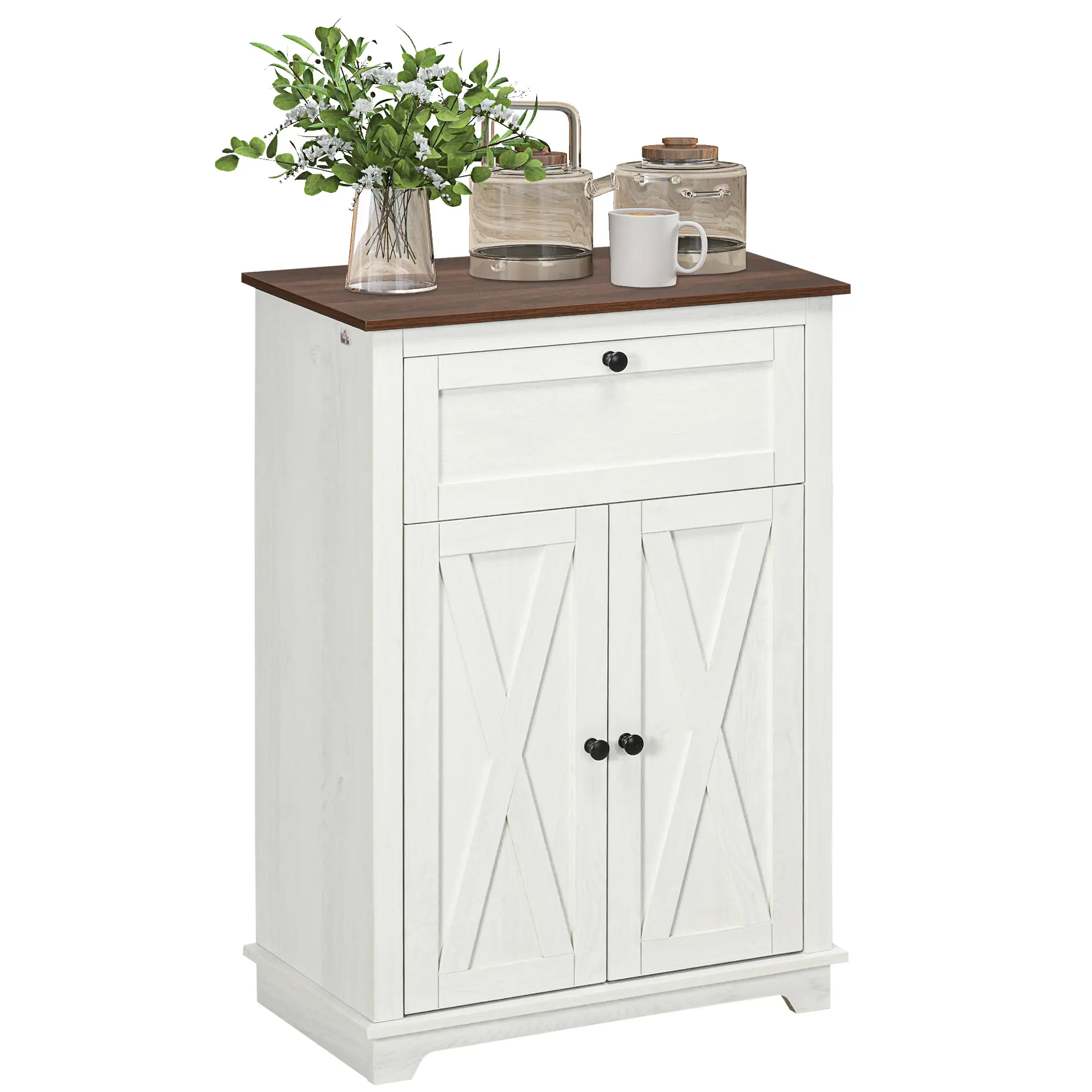 HOMCOM Farmhouse Barn Door Accent Cabinet, Kitchen Sideboard Storage Cabinet with Double Doors, Drawer, and Adjustable Shelf for Living Room, White