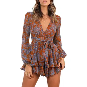 Women's Floral Print Deep V-Neck Romper Double Layer Ruffle Hem Jumpsuits Long Baggy Sleeves Waist Tie Short Rompers Womenswear Overalls Bohemian Boho