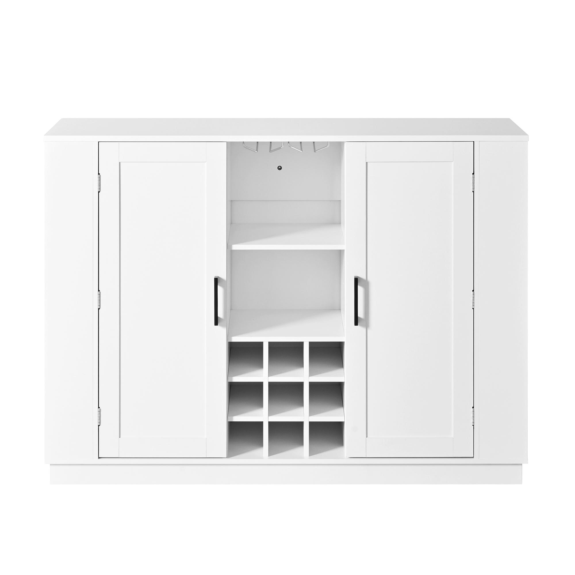 47.2" Multi-functional Extendable Kitchen Island with Drop Leaf, Built-in Power Outlet, Home Coffee Bar Wine Cabinet with Bottle Rack & Glass Holder, 2-Door Buffet Sideboard with Open Side Storage Shelves, Water-resistant Easy Clean MDF, Space Saving