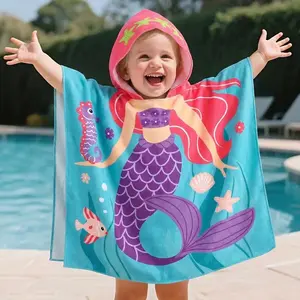 2-Pack Cartoon Microfiber Print Beach Towel Set, Easy to Clean and Dry, Hooded Windproof Design, Soft Breathable Fabric, Multicolor Patterns