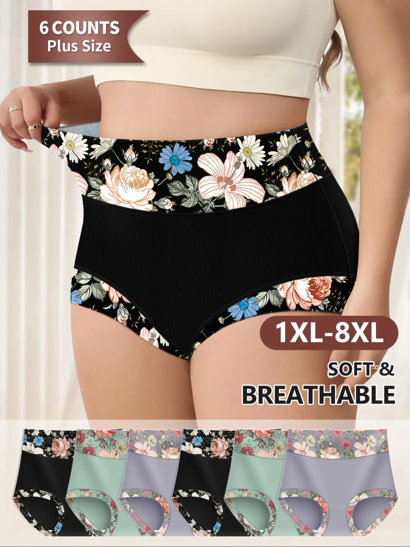 Morelect Plus Size Ditsy Floral Underwear Set, Fashion Breathable Underwear, 6 Pcs High Waist Comfortable Breathable Trunk, Soft Non-Sweaty Multi-Color Triangle Pant, Lightweight Summer Casual Everyday Panties