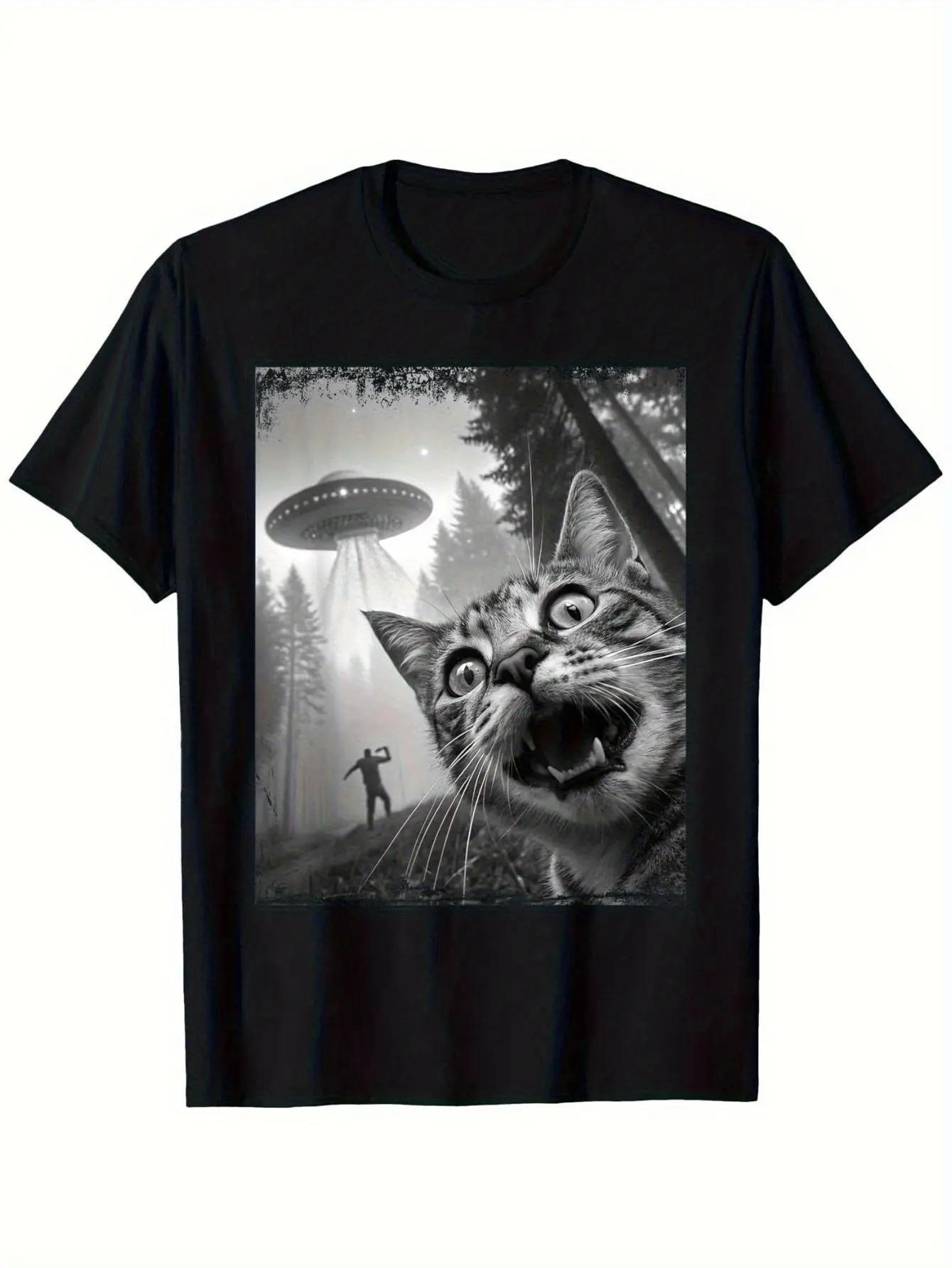 Funny Cat UFO Meme T Shirts for Funny Top T-Shirt unisex soft cotton short sleeve t shirt, vintage graphic casual tee for men women teens, perfect birthday holiday gift for camping travel gym daily street  wear