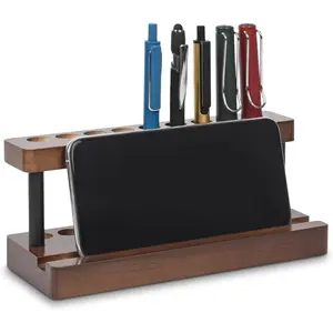 Wooden Pen Holder for Desk,  Pencil Holder Fountain Pens Display Stand with 9 Slots and Phone Holder, Stylish Office Desk Decor, Pen Organizer for Office,