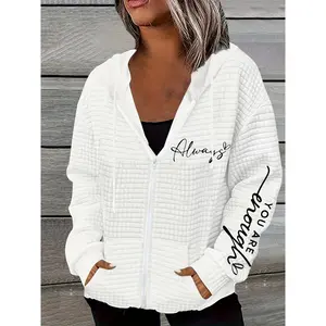 Plus-Size Polyester Mid-Stretch Elegant Hooded Waffle Knit Jacket with Zipper, Letter Pattern, and Hooded Pocket Design for Women - Autumn/Winter Collection