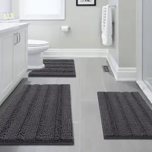H.VERSAILTEX 3 Piece Thick Striped Bath Rugs Set for Bathroom Non Slip Soft Absorbent Bath Mat for Tub, Shower and Toilet