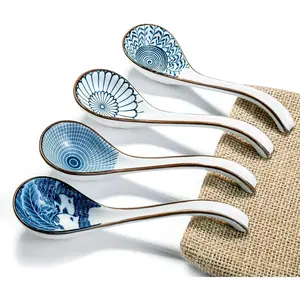 Ceramic Soup Spoon, with Long Handle Easy to Hold, Non-slip Bottom, for  Ramen, Chinese and Vietnamese Wonton, Noodle Soup Spoons (V86)