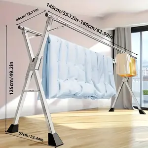 Heavy-Duty X-Shaped Telescopic Drying Rack, Adjustable Indoor/Outdoor Stainless Steel Clothes and Quilt Hanger with Wheels, Foldable Design for Home and Balcony Use, Versatile Garment Storage |   Telescopic Rods |   Durable Metal Construction, Drying Rack