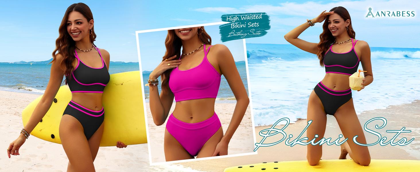 ANRABESS Womens Halter Bikini Set Color Block Sporty Swimsuits Two Piece High Waist Bathing Suit Sexy Summer Beach Swim Suits ANRABESS Womens Halter Bikini Set Color Block Sporty Swimsuits Two Piece High Waist Bathing Suit Sexy Summer Beach Swim Suits