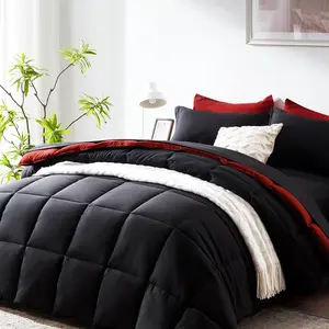 Queen Comforter Set 7 Pcs, Black and Red Bed in a Bag, All Season Lightweight Soft Reversible Bedding Sets, 1 Comforter, 1 Flat Sheet, 1 Fitted Sheet, 2 Pillow Shams, 2 Pillowcases