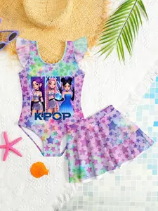 Women's Rainbow Starry Sky Printed One-Piece Swimsuit & Sequined Cover-Up Set, Slim Fit Boho Style Beachwear, All-Over Print Design, Rainbow Stars Pattern