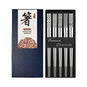 Metal Chopsticks 18/10 Stainless Steel Reusable Chopsticks Cute Laser Engraved Non-slip Korean Japanese Chinese Chopsticks,18/10 Stainless steel Dishwasher Safe for Cooking Eating 9 1/4 Inches 5 Pairs chopsticks Cutlery Tableware