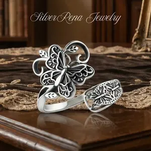 S925 Mother's Day Vintage Butterfly Open Ring with Adjustable Design, Elegant Style Jewelry for Women, Bravery Jewelry Gift for Girls, Courage and Love Ring Perfect for Daily Wear and Party, Birthday Valentine's Day Gift