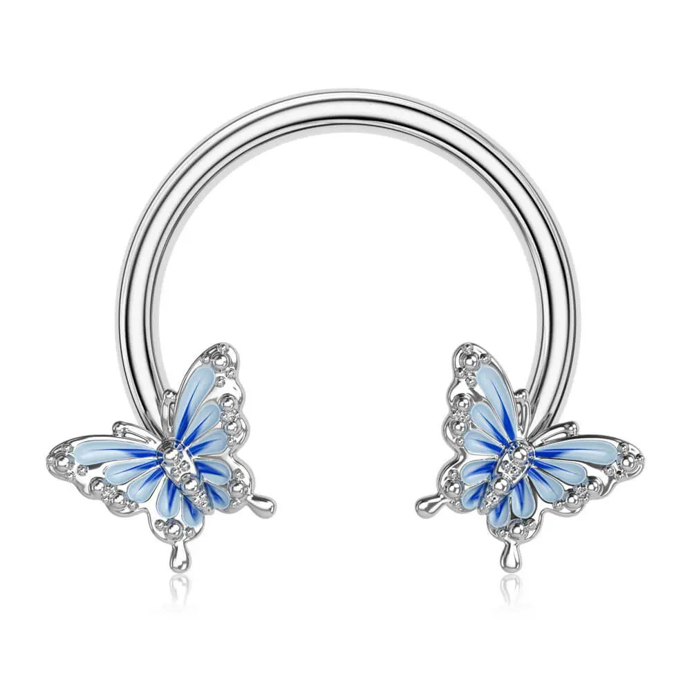 Oufer 16G Blue Butterfly Horseshoe Septum Ring - 1.2mm Thickness Stainless Steel Nose Ring Jewelry for Female Snug Septum Piercing, Cartilage Body Jewelry
