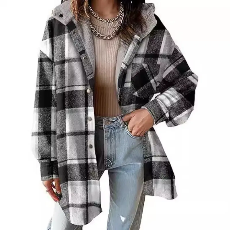 Women's Plaid Hooded Shacket Oversized Button Down Fleece Lined Flannel Shirt Jacket