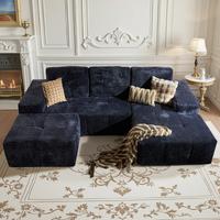 Silver Velvet Fabric Blue Right Chaise & Ottoman