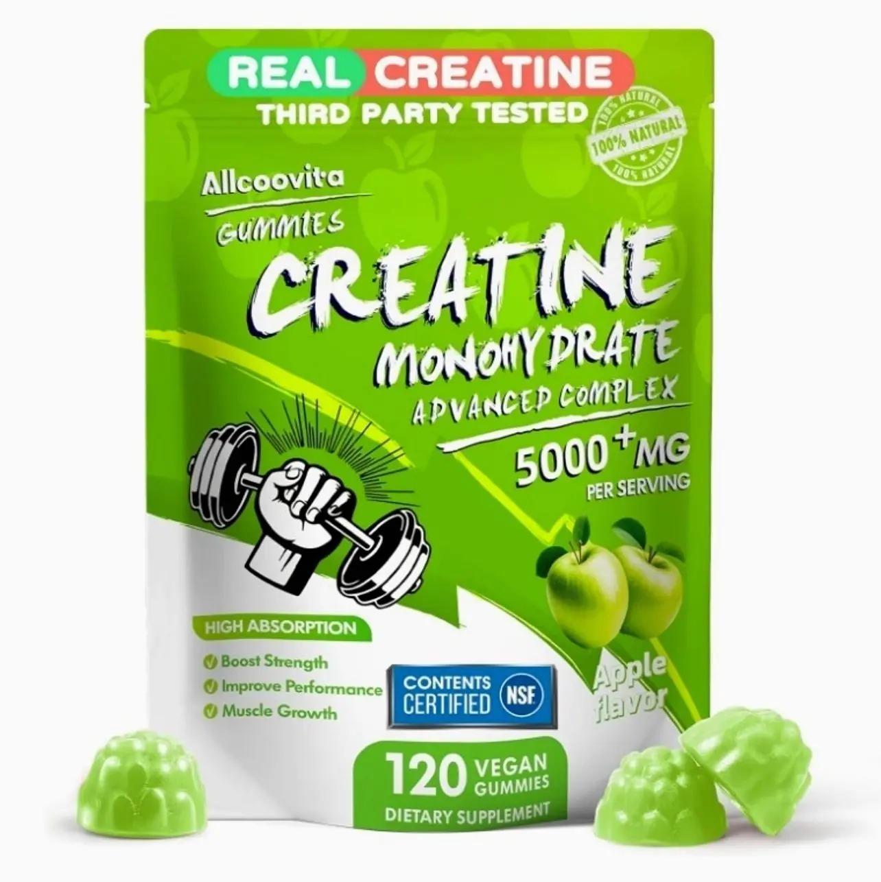 Creatine Gummy - Creatine Monohydrate Gummies 5000mg for Men & Women -120 Gummies Advanced Formula, Muscle Strength, Muscle Builder, Energy Boost, Pre-Workout Supplement-Apple