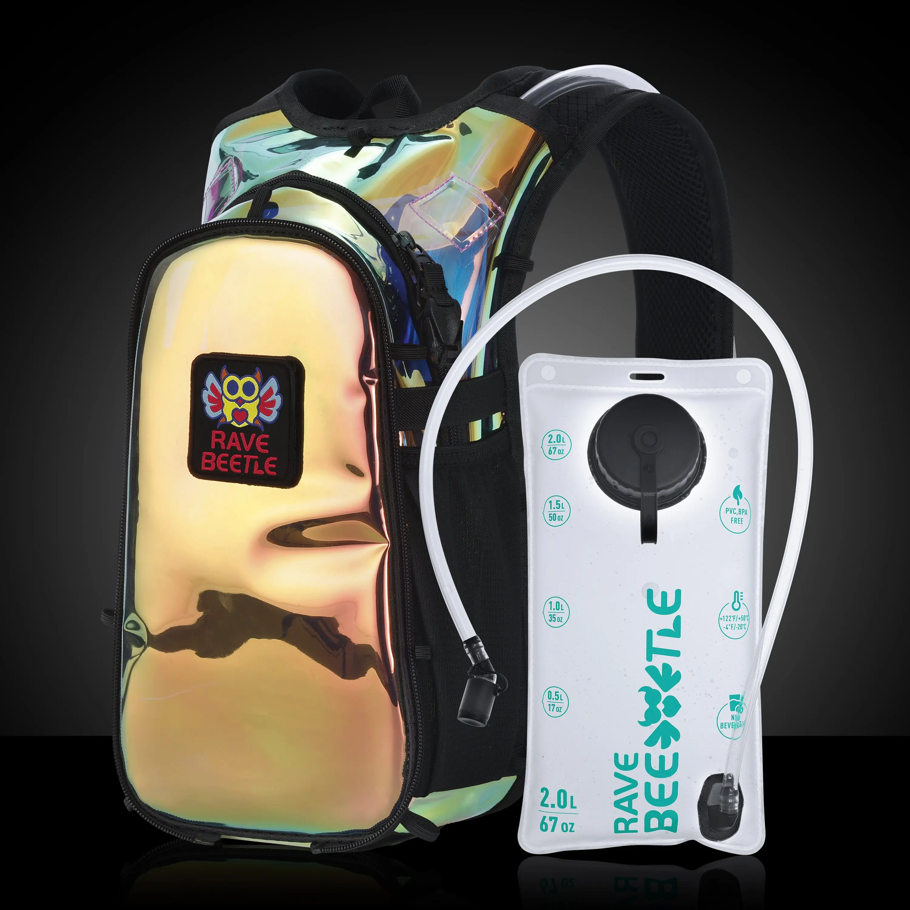 RaveBeetle Elytra AIR Hydration Backpack – Lightweight Festival Pack with 2L Water Bladder (Holographic Galaxy)